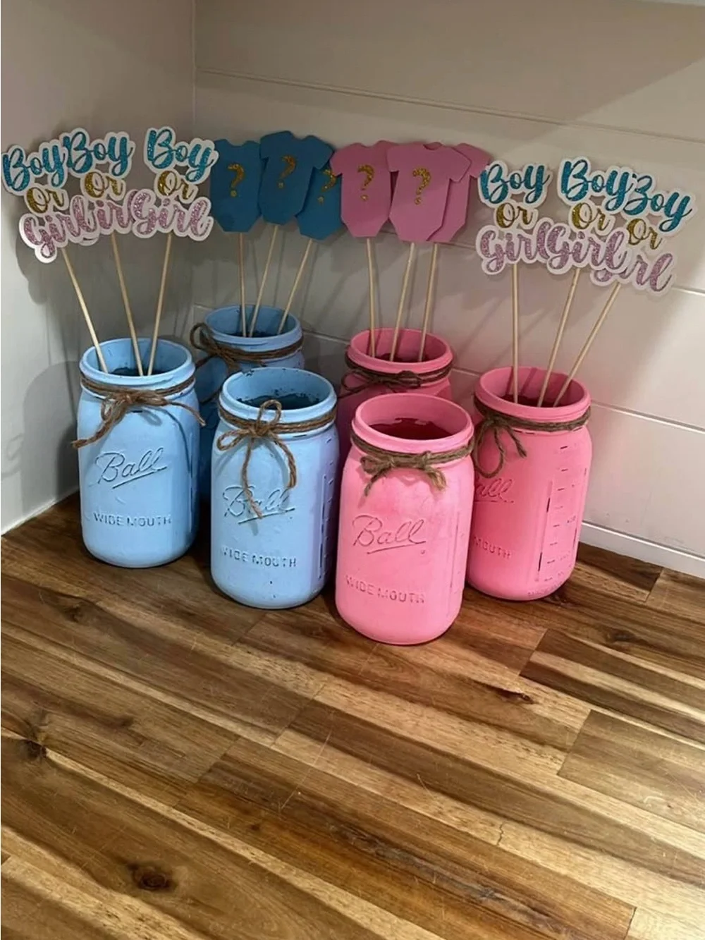 Blue and Pink Rustic Painted Mason Jar Gender Reveal Centerpiece Vases